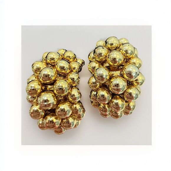 Vintage Earrings Clip On Faux Pearl Gold Ball Cluster Gorgeous 1970-1980 - Picture 1 of 3